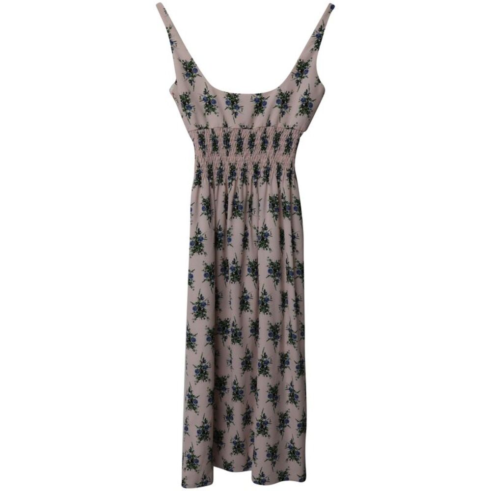 Emilia Wickstead Giovanna Floral Printed Smocked Waist Midi Dress in Pink Cotton